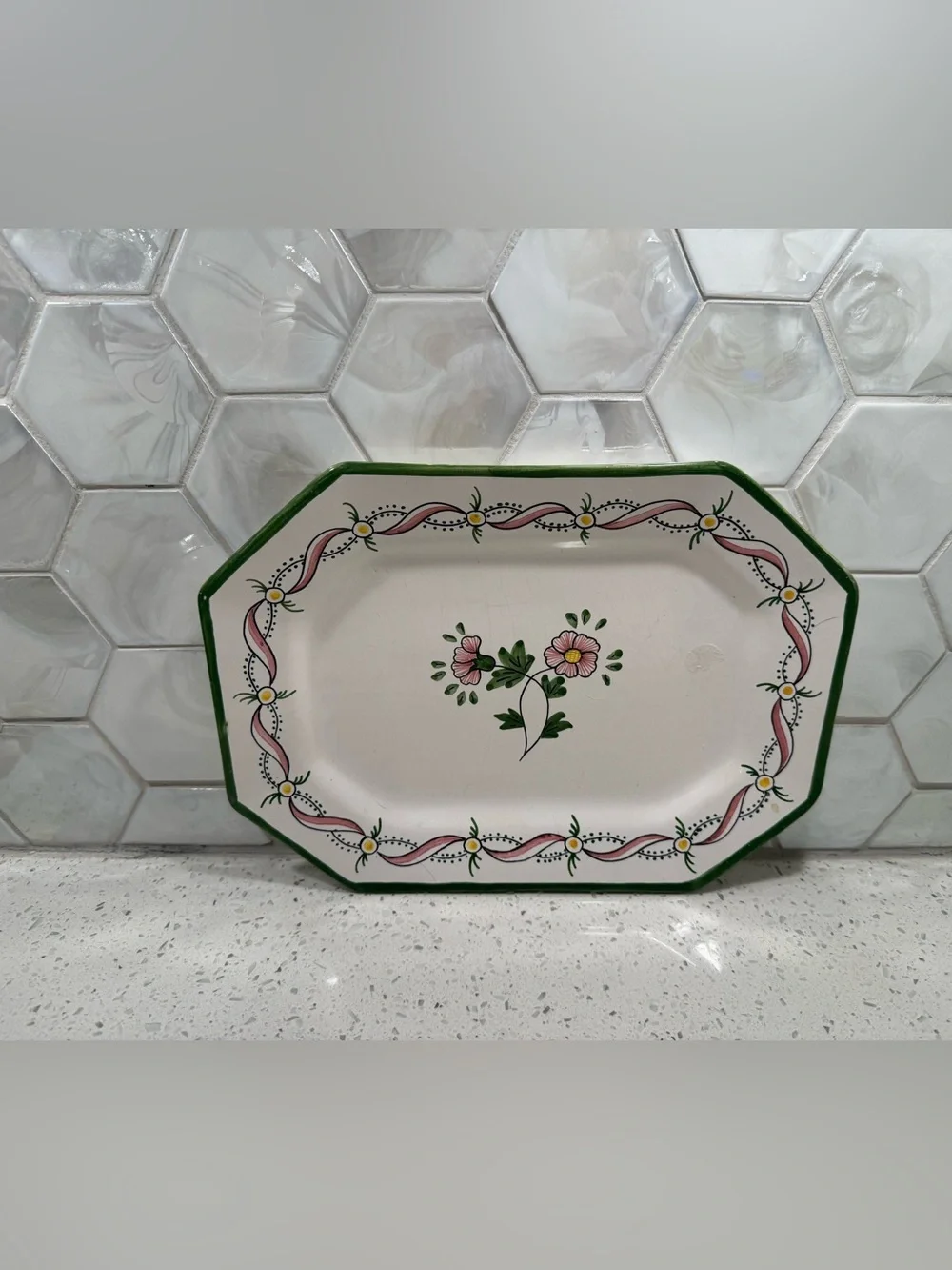 Vintage FFA Marques Malviera Portugal Hand Paint Floral Octagon Serving Platter